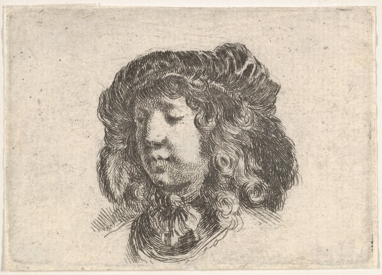 Talíř 34: hlava mladého muže v čepici zdobené několika pery, otočená ze tří čtvrtin..., ca. 1646. od Stefano della Bella