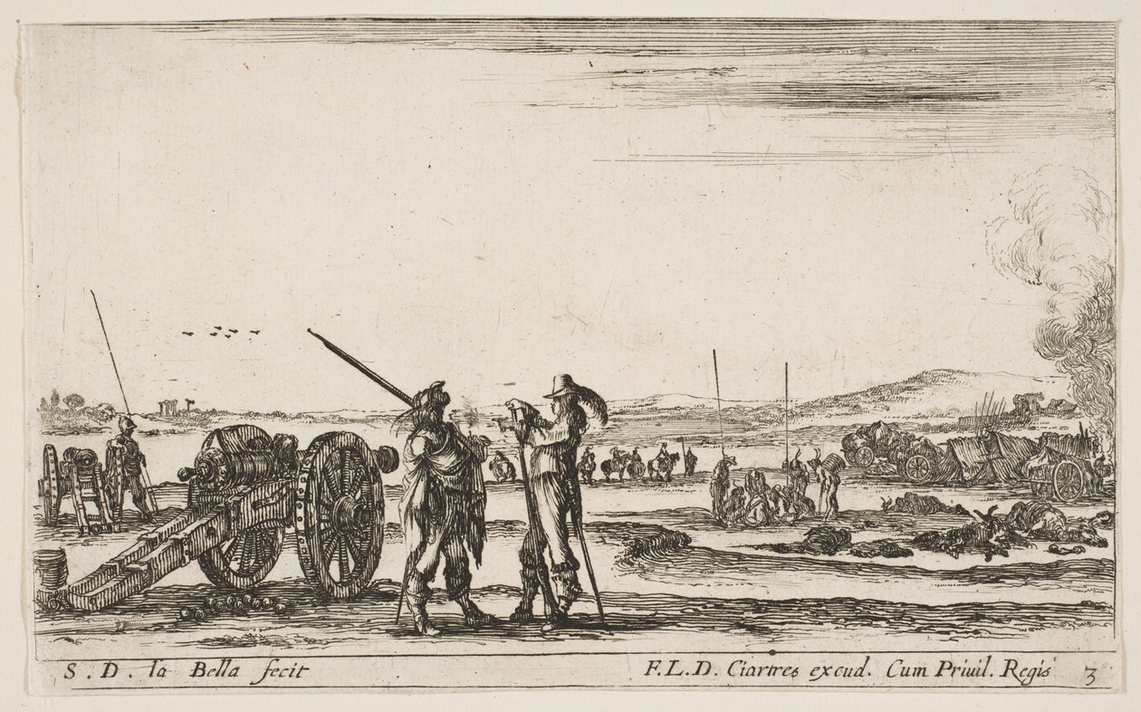 Talíř 3: Důstojník dává rozkazy vojákovi uprostřed popředí, dělo vlevo, od..., ca. 1641. od Stefano della Bella