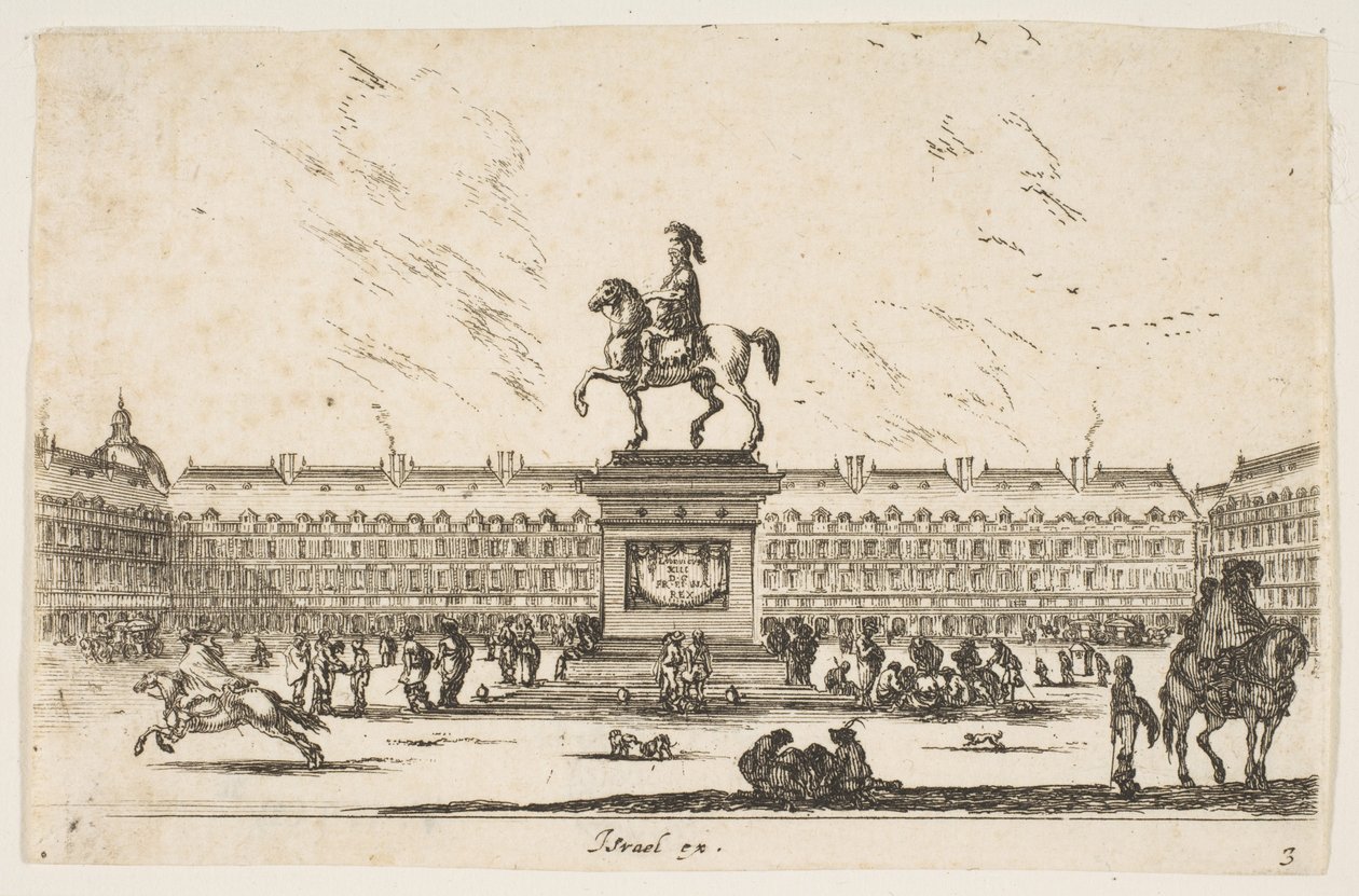 Deska 3: La Place Royale, jezdecká socha Ludvíka XIII. z profilu obrácená doleva v ce..., 1642. od Stefano della Bella