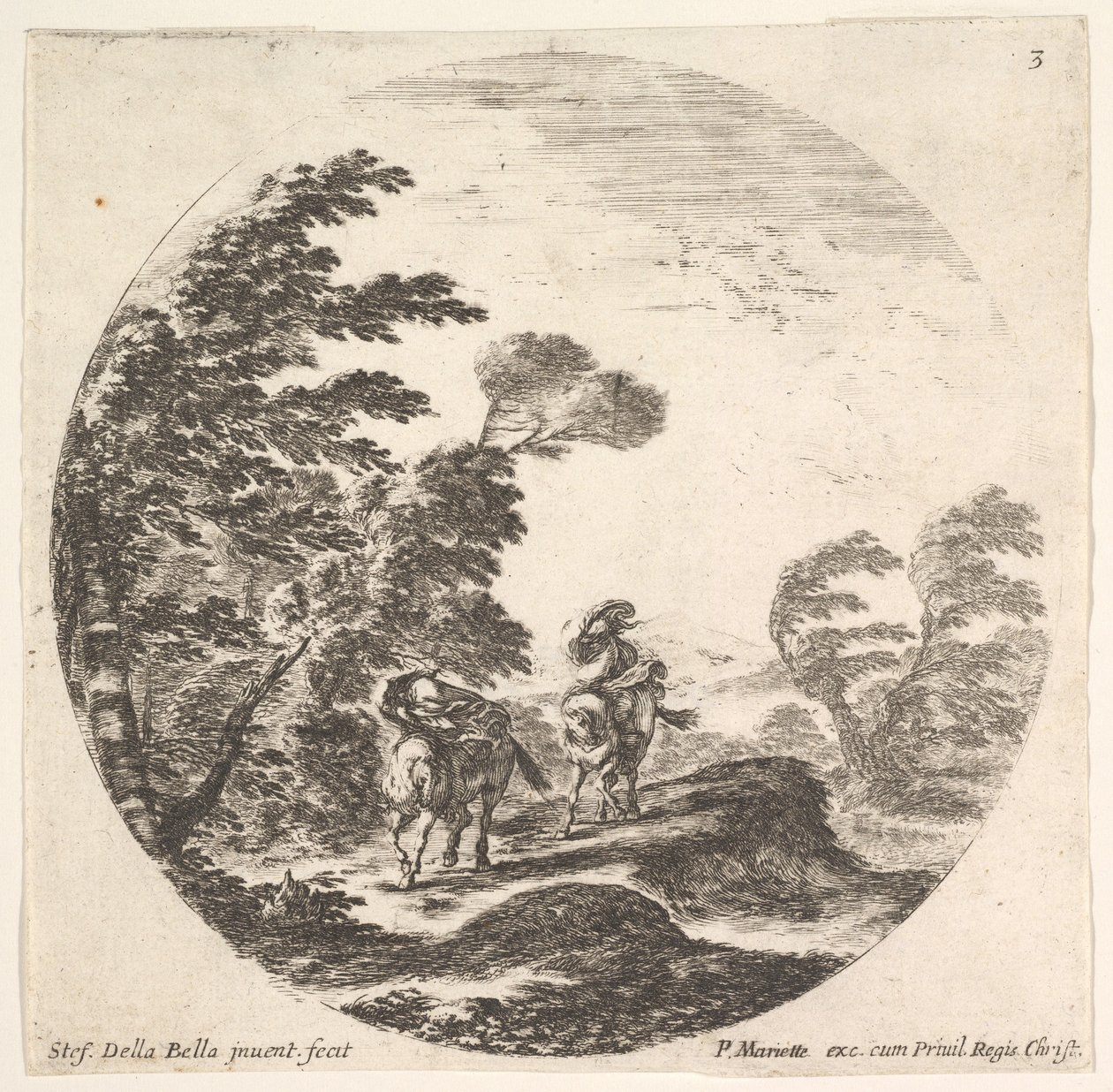 Deska 3: vichřice v lese, dva jezdci zahalení do svých plášťů, vítr je bl..., ca. 1643-48. od Stefano della Bella