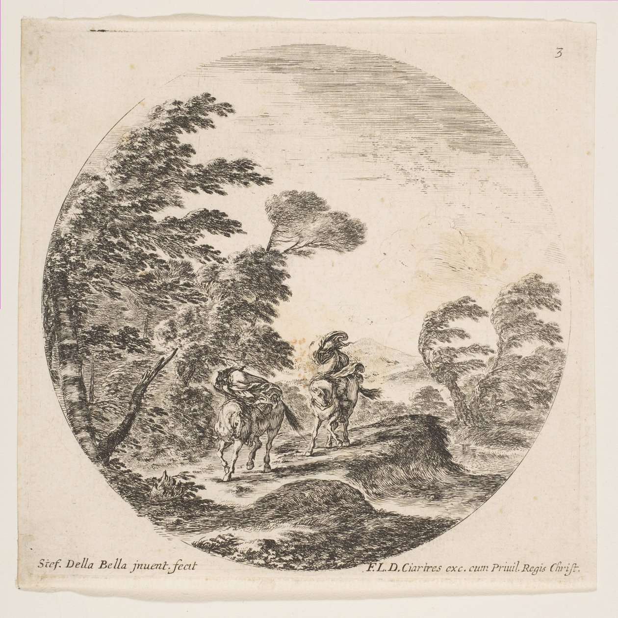 Talíř 3: vichřice v lese, dva jezdci zahalení do svých plášťů, vítr fouká..., ca. 1646. od Stefano della Bella
