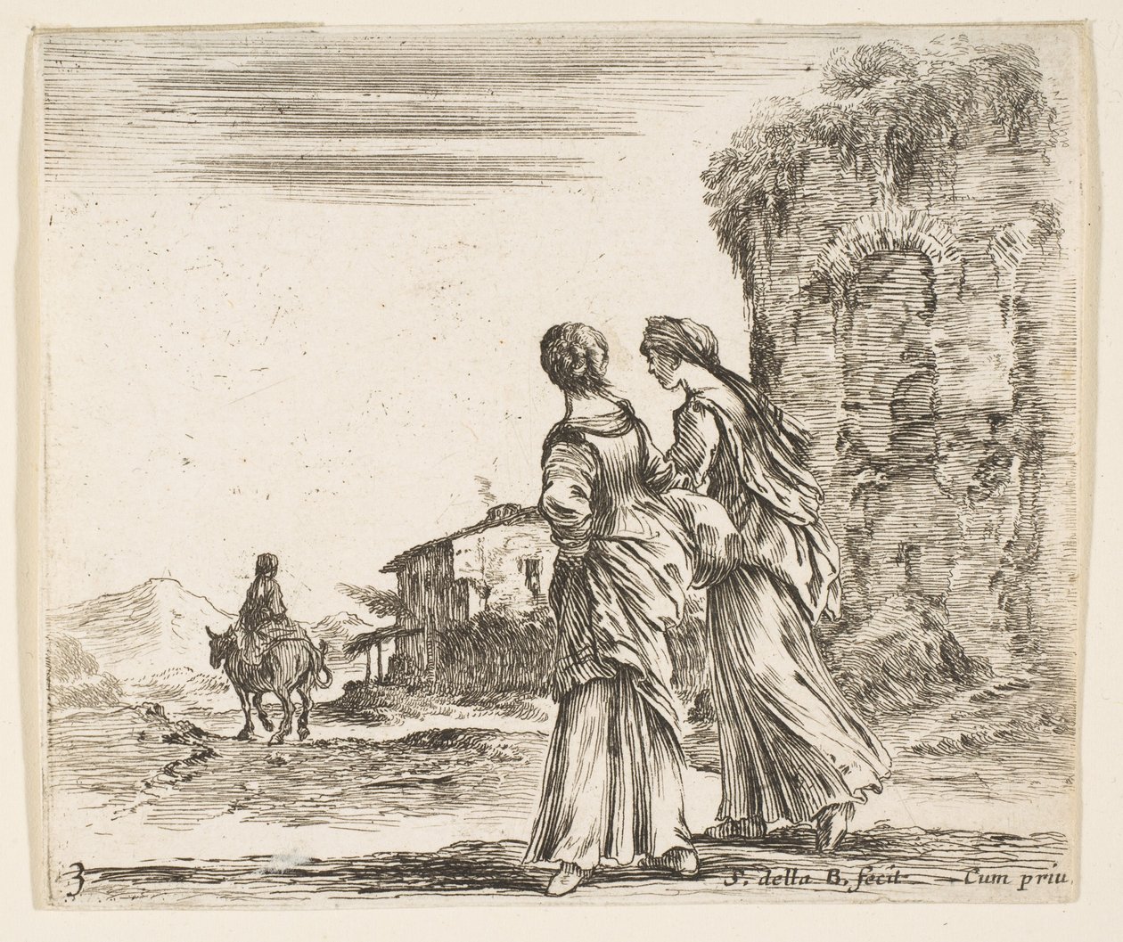 Talíř 3: dvě dívky jdoucí vlevo, při pohledu zezadu, žena na koni t..., ca. 1644-47. od Stefano della Bella