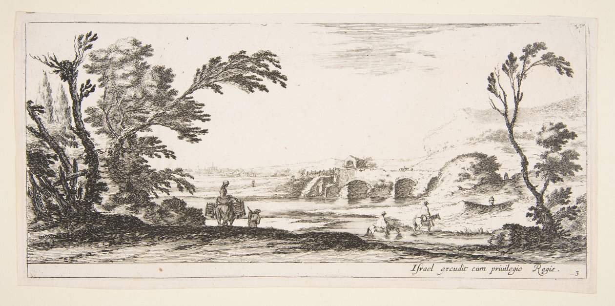 Talíř 3: dva jezdci překračující řeku doprava, žena se dvěma košíky na oslu..., ca. 1641. od Stefano della Bella