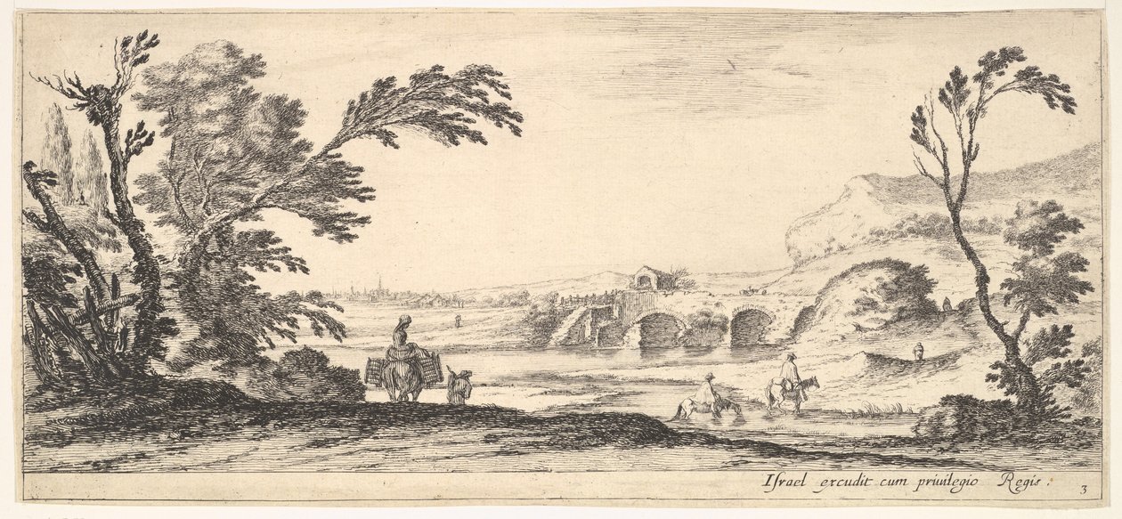 Talíř 3: dva jezdci překračující řeku doprava, žena se dvěma košíky na oslu..., ca. 1641. od Stefano della Bella