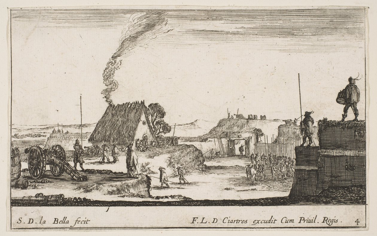 Deska 4: Vojenské ležení s vojákem stojícím na parapetu vpravo beati..., ca. 1641. od Stefano della Bella