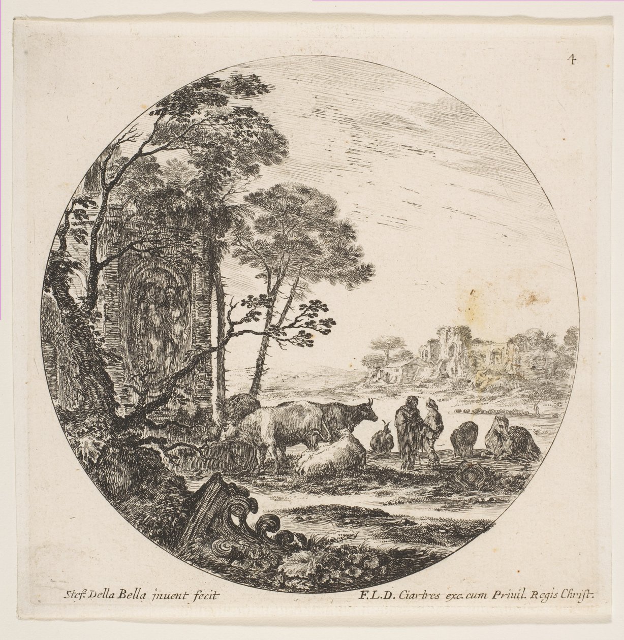 Deska 4: korintská kapitálka na zemi vlevo, pomník s postavami v nízké re..., ca. 1646. od Stefano della Bella