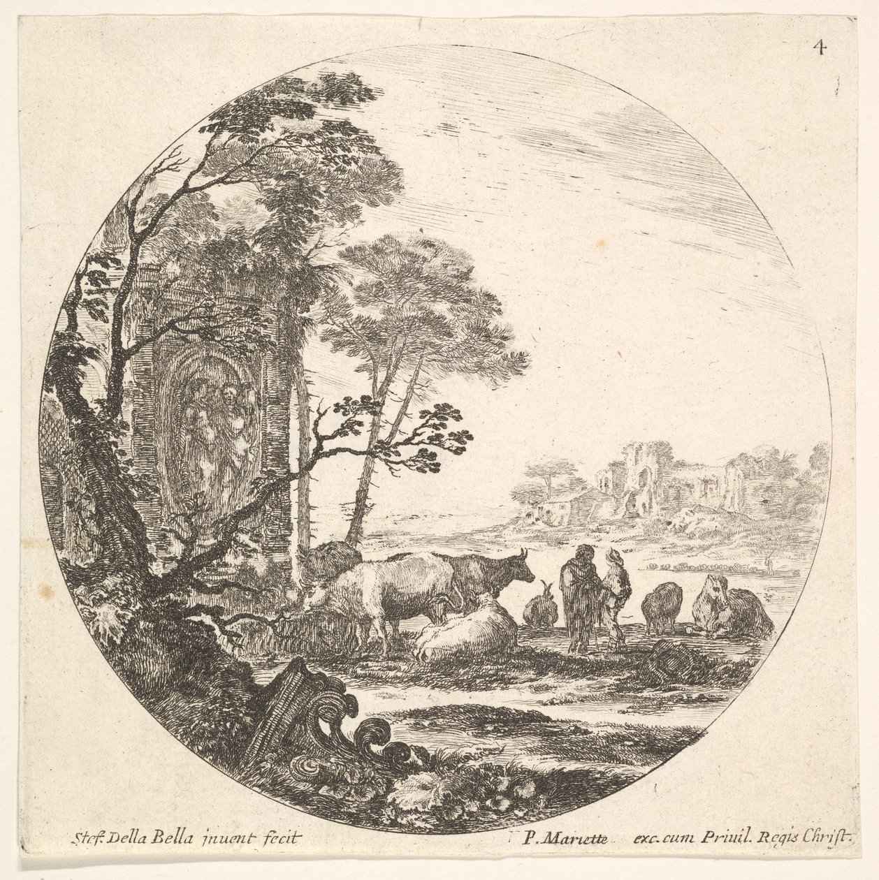 Deska 4: korintská kapitálka na zemi vlevo v popředí, pomník w..., ca. 1643-48. od Stefano della Bella