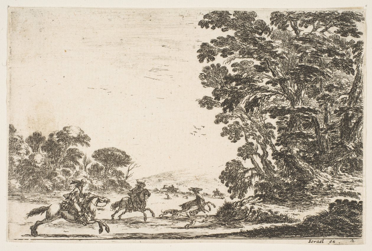 Deska 4: hon na jelena, dva jezdci cválající vlevo za třemi psy a jelenem..., 1642. od Stefano della Bella
