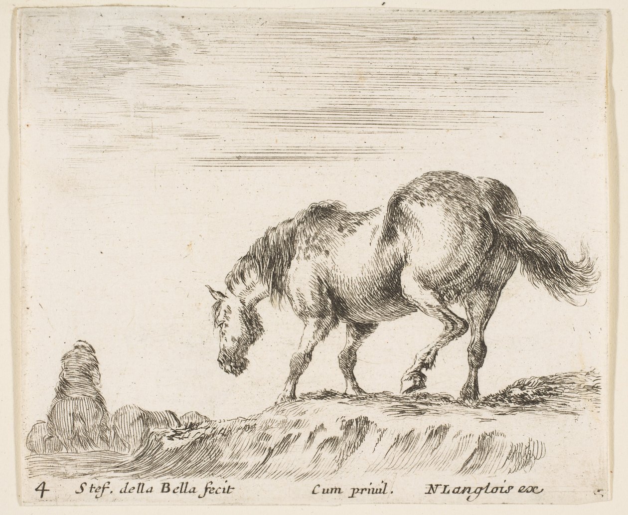 Deska 4: kůň z profilu směřující doleva, který se chystá sestoupit z kopce, kůň..., ca. 1644-47. od Stefano della Bella