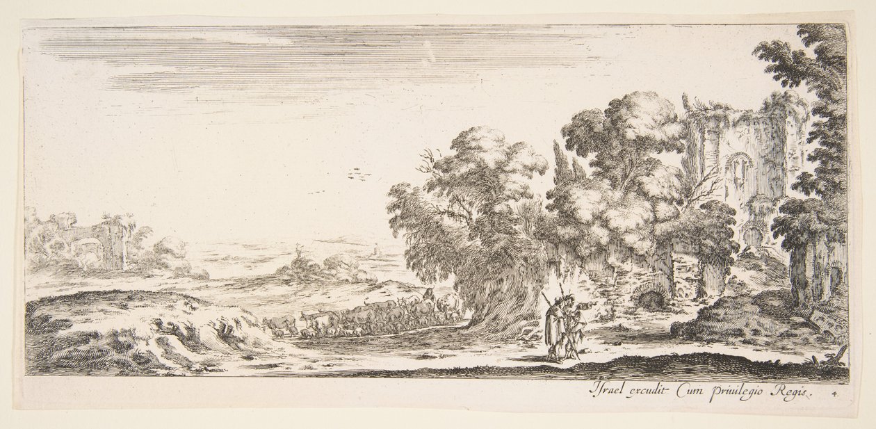 Deska 4: dva poutníci pozorující ruiny vpravo, jeden ukazuje vpravo, ovčák..., ca. 1641. od Stefano della Bella