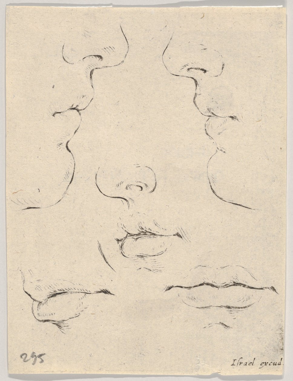 Deska 4: dva profily a tři ústa, z knihy The Book for Learning to Draw Livre po..., ca. 1649. od Stefano della Bella