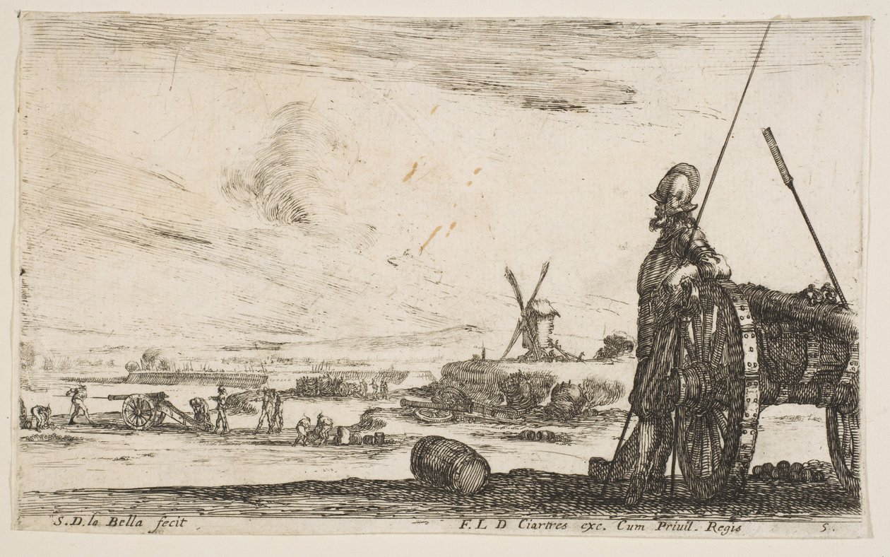 Talíř 5: Pikeman stojící hned vedle děla, další vojenské postavy..., ca. 1641. od Stefano della Bella