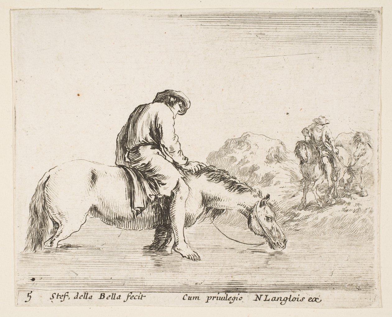 Deska 5: bosý rolník na koni překračující řeku, jiný rolník na koni..., ca. 1644-47. od Stefano della Bella