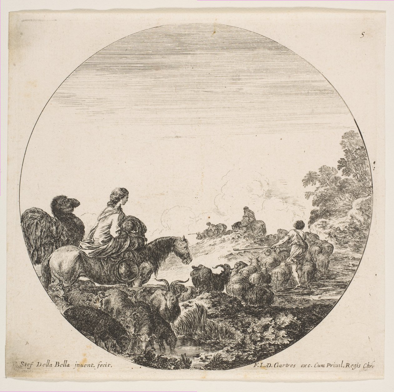 Talíř 5: vlevo žena nesoucí dítě na koni, za ní velbloud, stádo..., ca. 1646. od Stefano della Bella