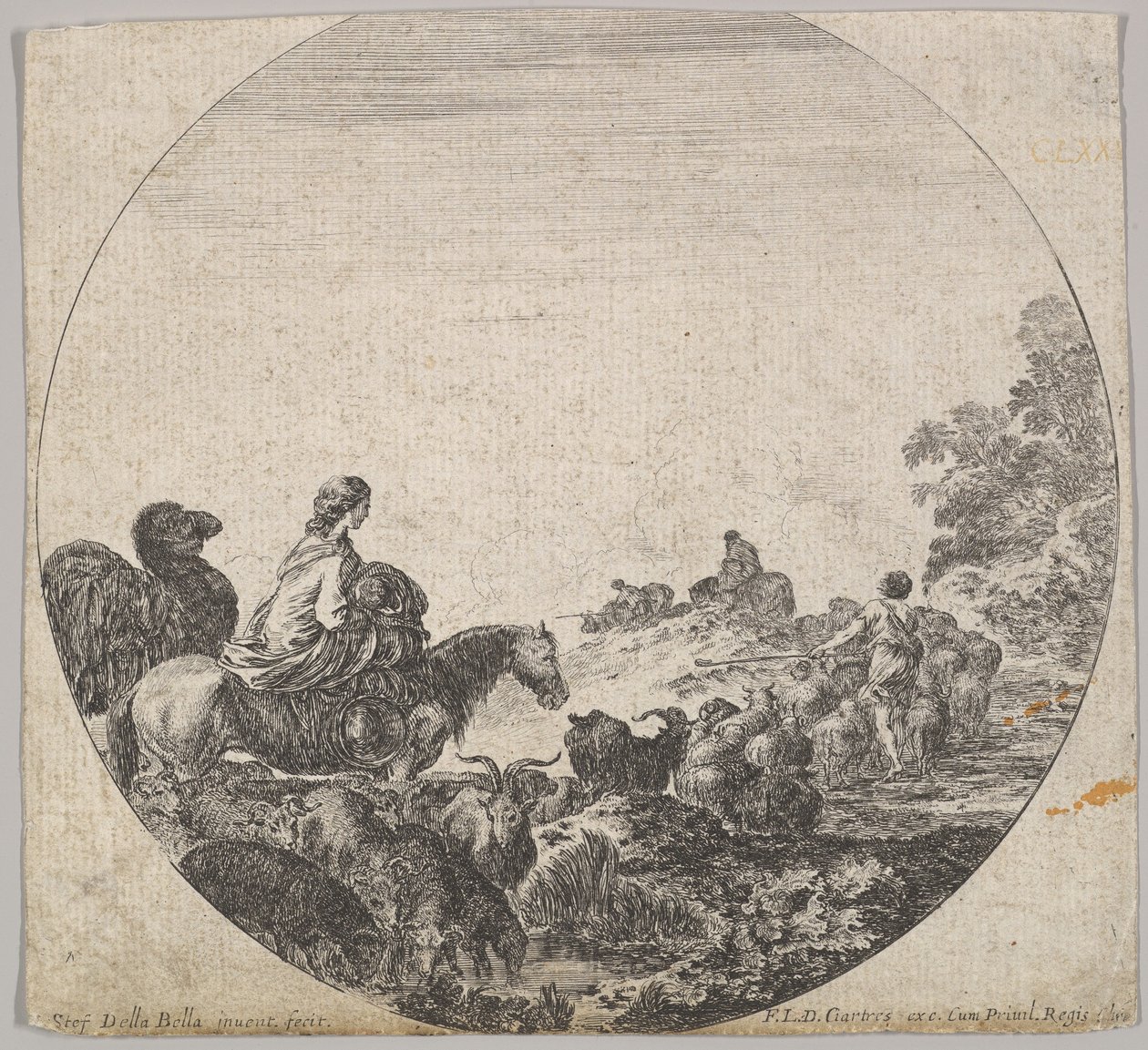 Talíř 5: žena nesoucí dítě na koni vlevo, velbloud za ní, stádo..., ca. 1643-48. od Stefano della Bella