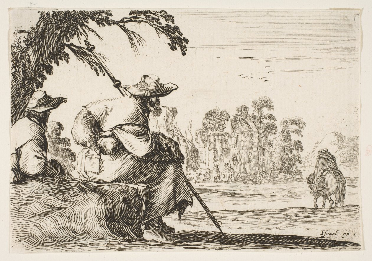 Deska 5: vlevo odpočívají dva poutníci s klobouky, při pohledu zezadu jede jezdec do války..., 1642. od Stefano della Bella