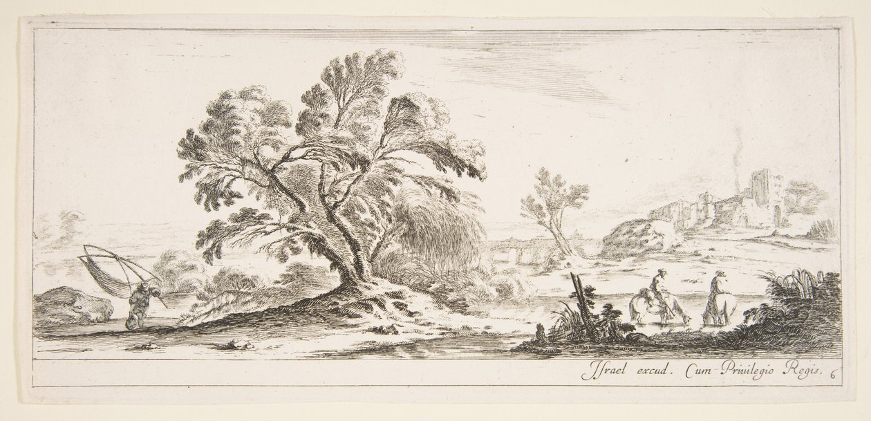 Talíř 6: rybář nesoucí síť vlevo, dva jezdci v proudu vpravo, strom..., ca. 1641. od Stefano della Bella