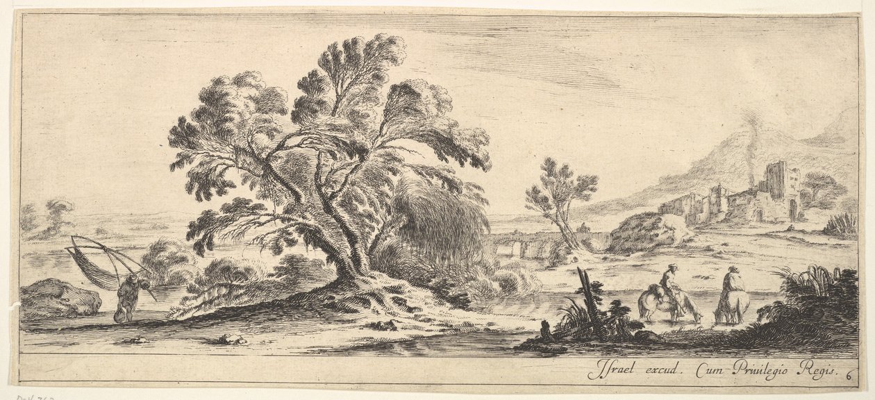 Talíř 6: rybář nesoucí síť vlevo, dva jezdci v proudu vpravo, strom..., ca. 1641. od Stefano della Bella