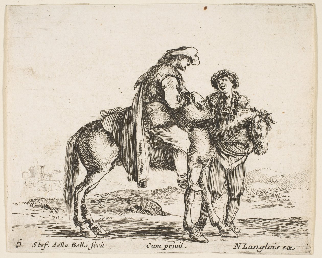 Talíř 6: rolník na koni z profilu směrem doprava, držící košík a t..., ca. 1644-47. od Stefano della Bella