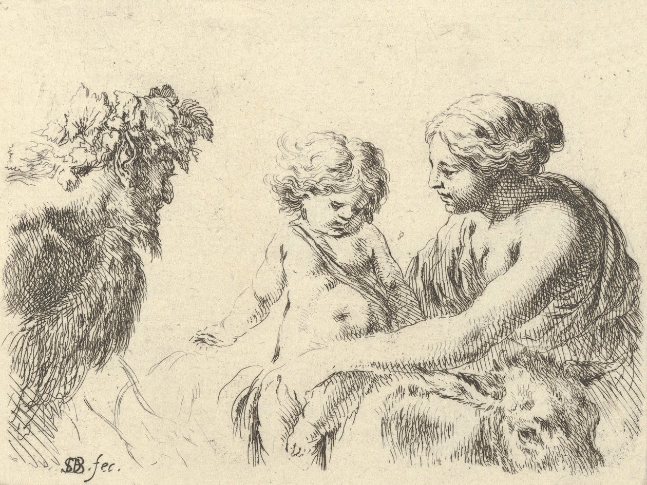 Talíř 6: žena vpravo držící své dítě, které sedí na oslu, satyr v l..., ca. 1646. od Stefano della Bella