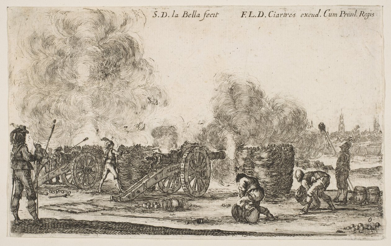 Talíř 6: baterie děl střílejících na město, z Various Military Caprices Varii ..., ca. 1641. od Stefano della Bella