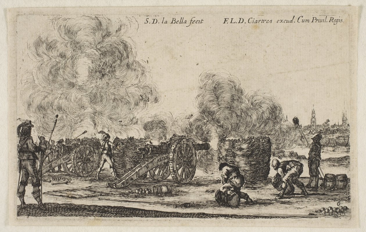 Talíř 6: baterie děl střílejících na město, z Various Military Caprices Varii ..., ca. 1641. od Stefano della Bella