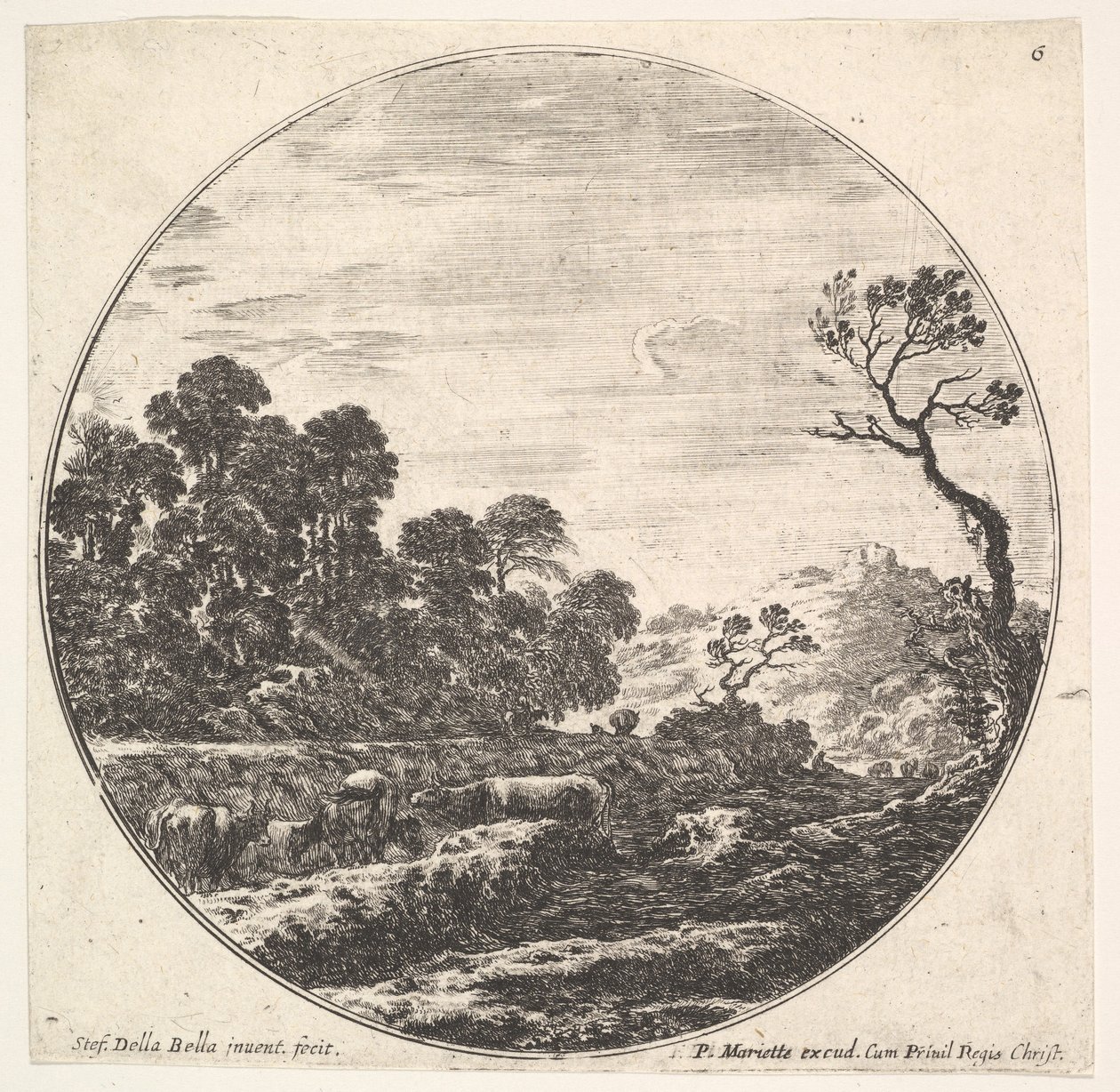 Talíř 6: krávy křižující údolí vlevo, skupina stromů vlevo, jezdec a o..., ca. 1643-48. od Stefano della Bella