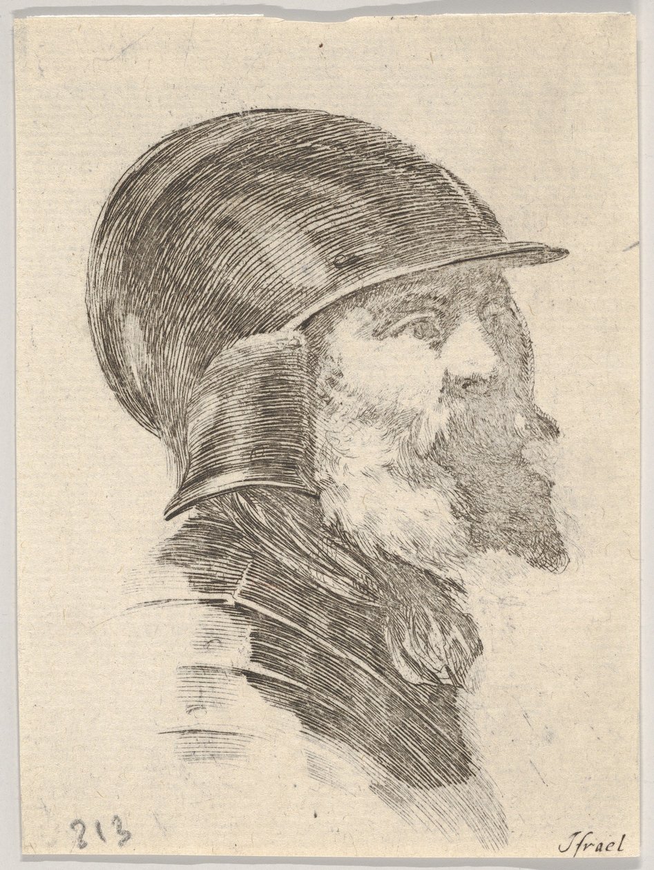 Talíř 6: hlava starého vousatého vojáka s přilbou obrácenou vpravo, z Různé hlavy..., 1650. od Stefano della Bella