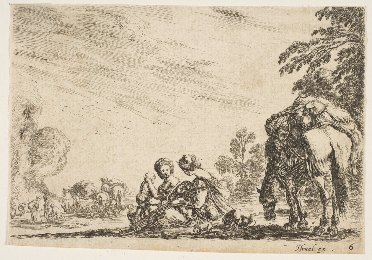 Talíř 6: dvě ženy, jedna kojící dítě, sedící vedle psa a koně nesoucího smečku..., 1642. od Stefano della Bella