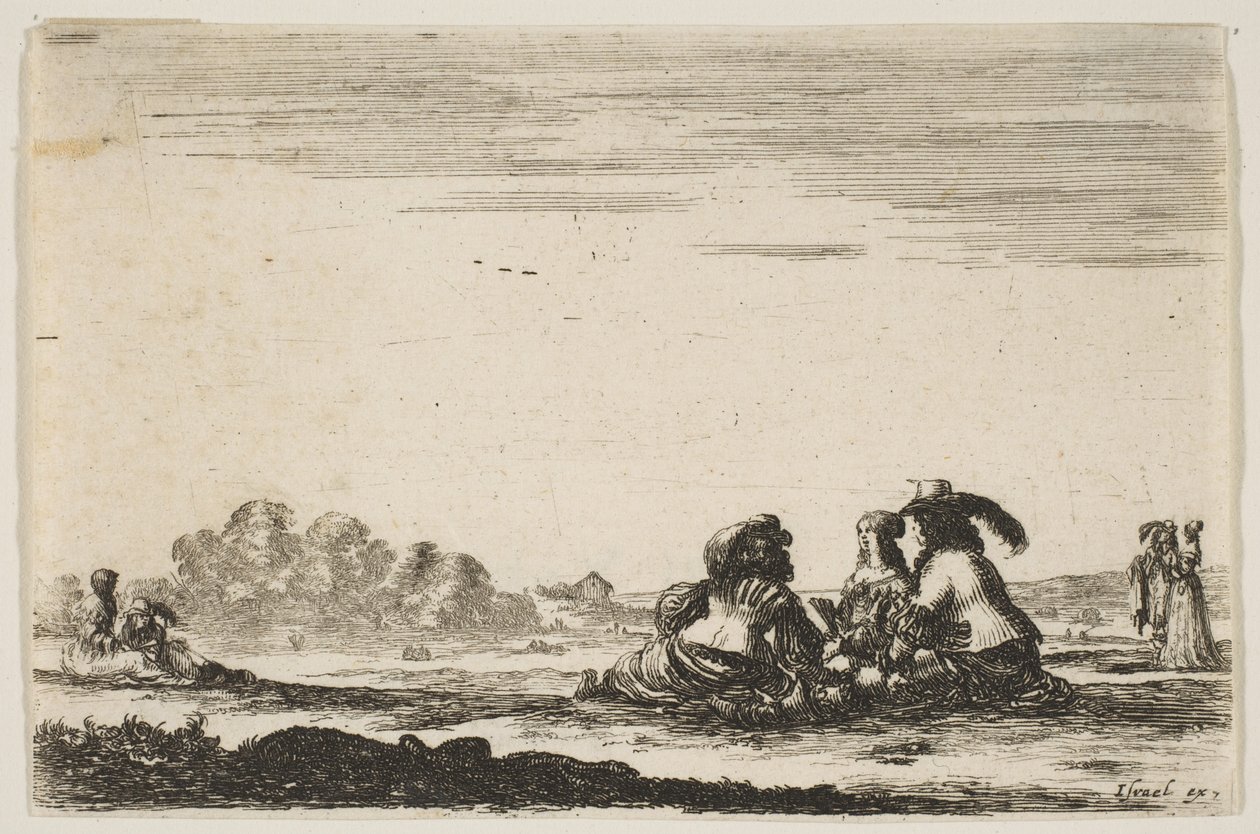 Deska 7: Dva šlechtici sedící uprostřed, při pohledu zezadu, rozmlouvají se šlechtičnou moře..., 1642. od Stefano della Bella
