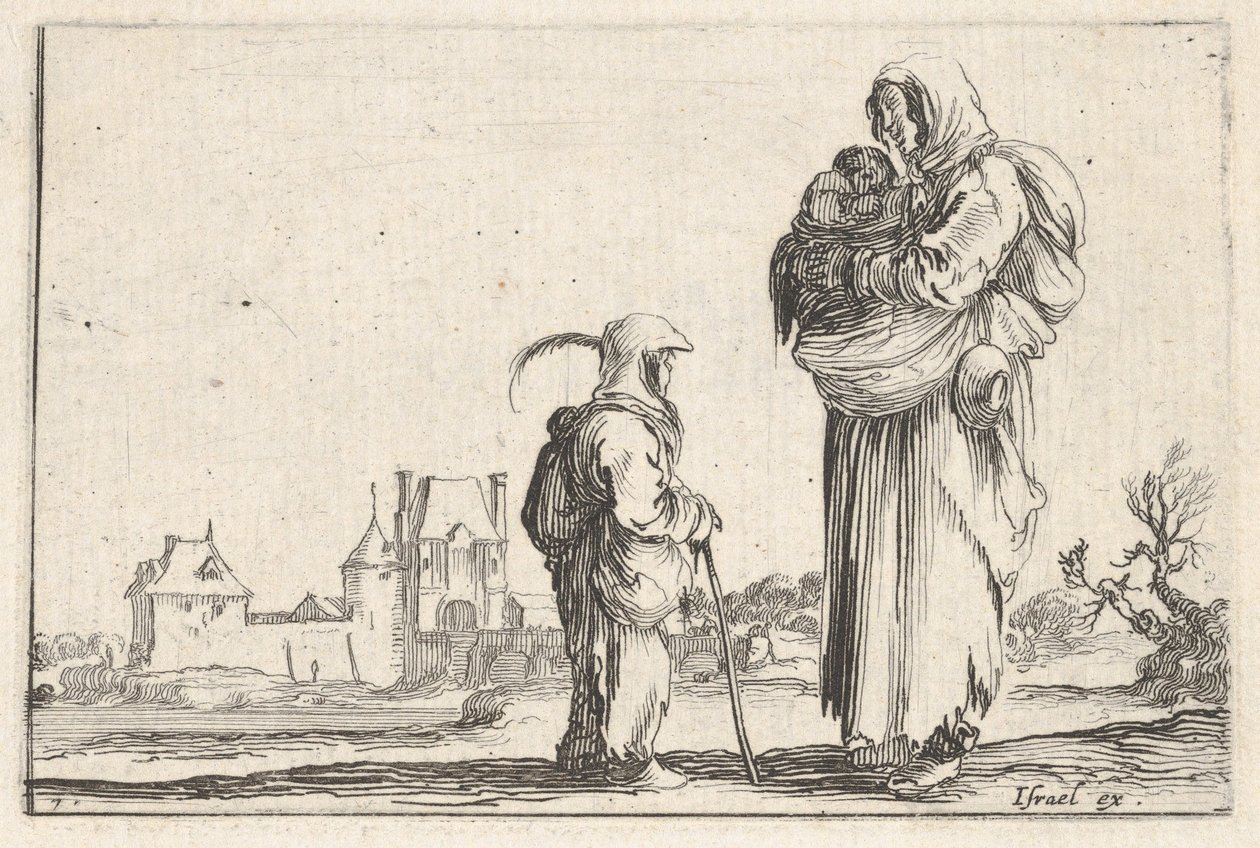 Talíř 7: rolnická žena nesoucí dítě doprava, mluvící s jiným stojícím dítětem..., ca. 1642. od Stefano della Bella