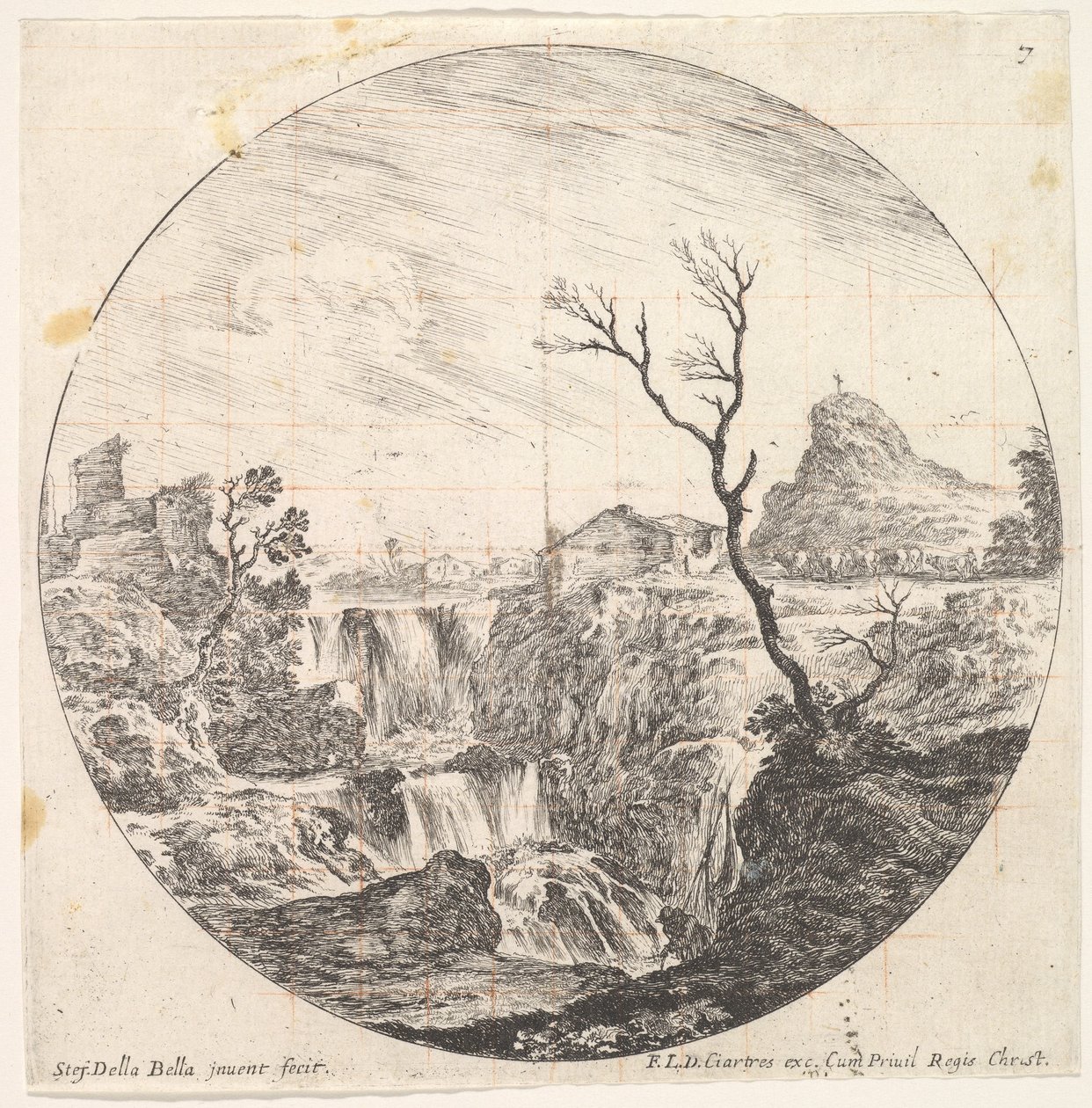 Deska 7: trojitý vodopád, mrtvý strom vpravo, hora a stádo krav do..., ca. 1643-48. od Stefano della Bella