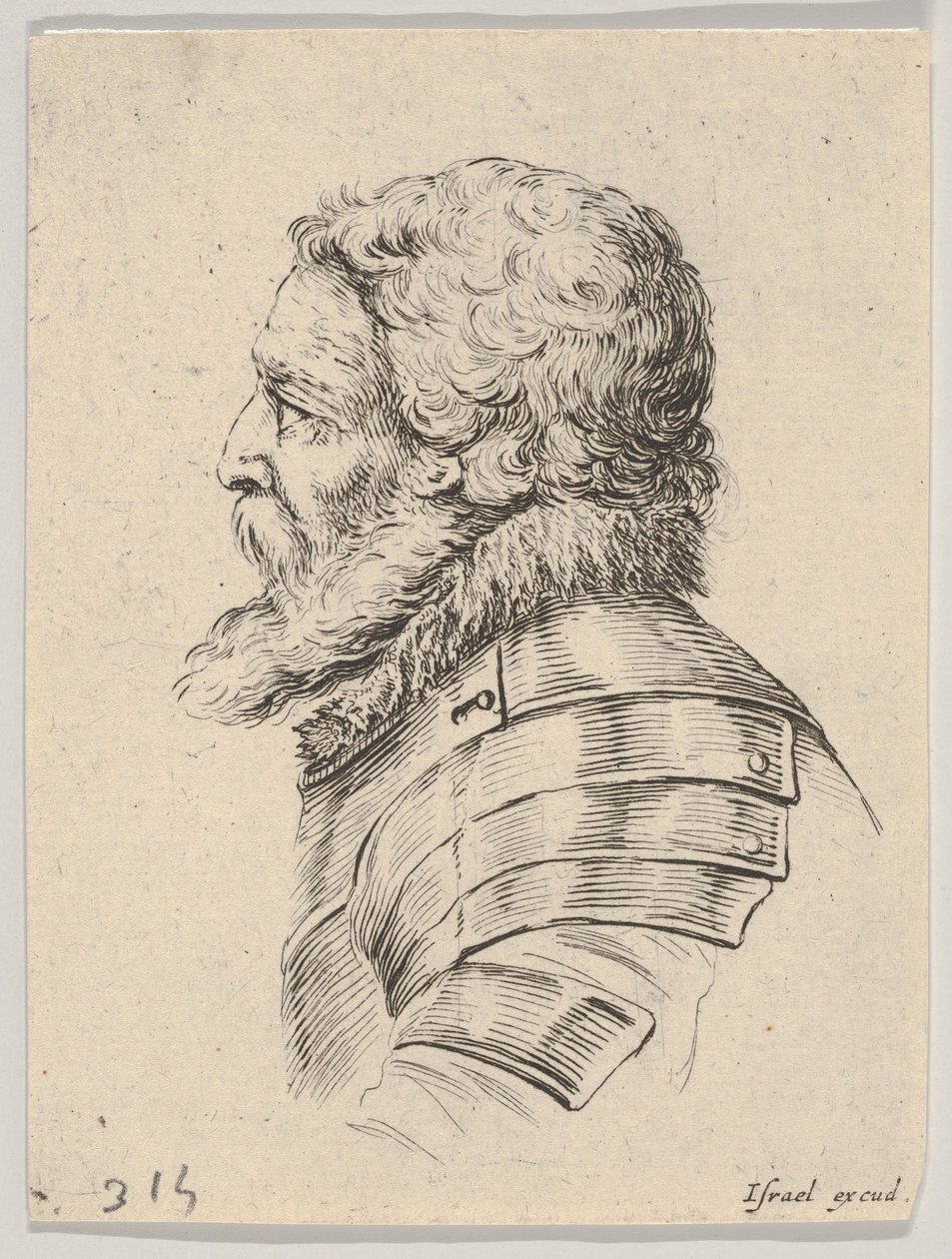 Deska 7: busta vousatého vojáka v brnění, obrácená z profilu doleva, z Různého..., 1650. od Stefano della Bella