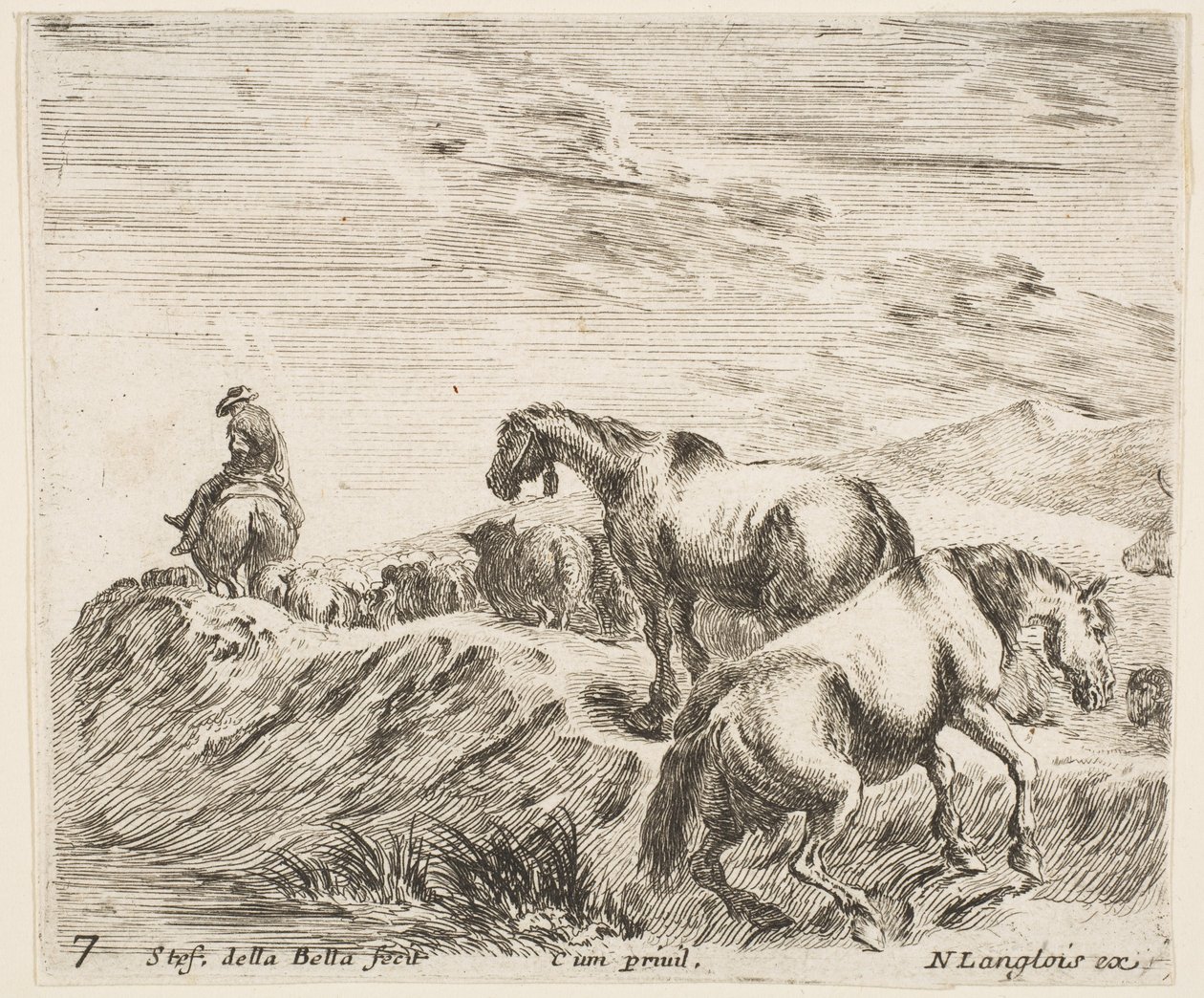 Talíř 7: dva koně stoupající po břehu řeky vpravo za průvodem ..., ca. 1644-47. od Stefano della Bella