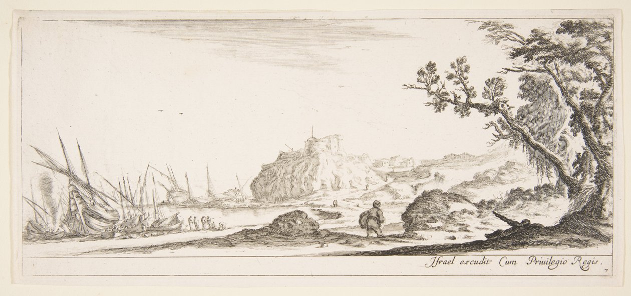 Talíř 7: různé čluny na břehu vlevo, muž nesoucí tašku, viděno zezadu a wa..., ca. 1641. od Stefano della Bella