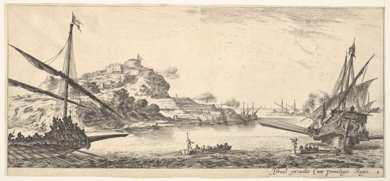 Talíř 8: Příď lodní kuchyně vlevo a další kuchyně vpravo, při pohledu zezadu..., ca. 1641. od Stefano della Bella