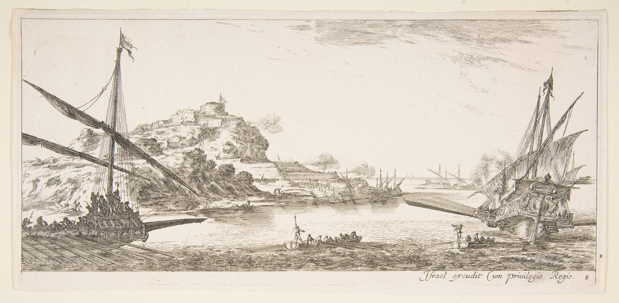 Talíř 8: Příď lodní kuchyně vlevo a další kuchyně vpravo, při pohledu zezadu..., ca. 1641. od Stefano della Bella