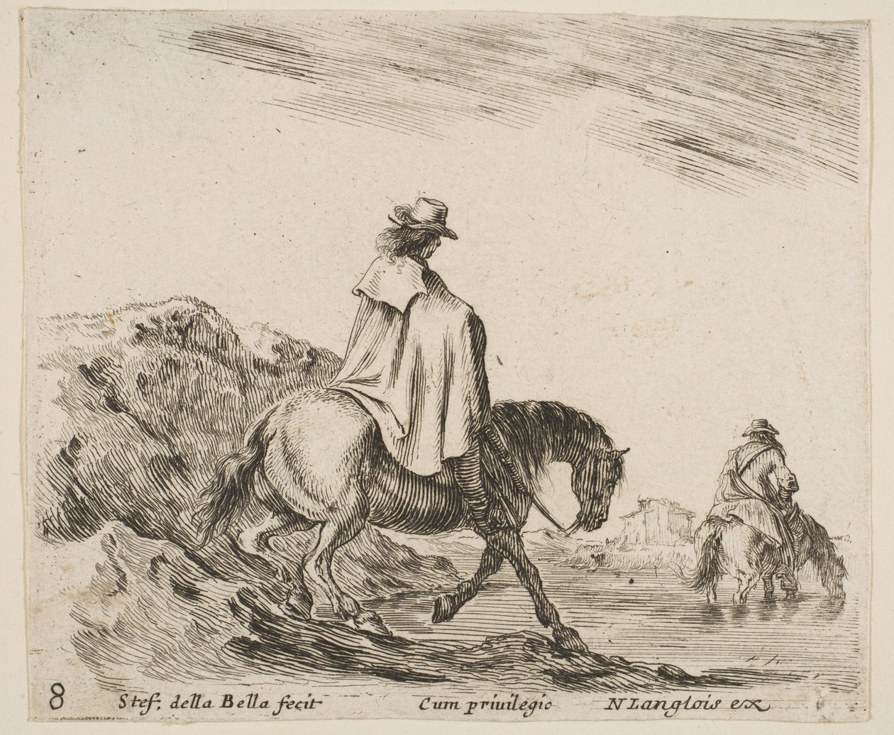 Deska 8: jezdec sjíždí z břehu řeky, další jezdec v řece vpravo, od ..., ca. 1644-47. od Stefano della Bella