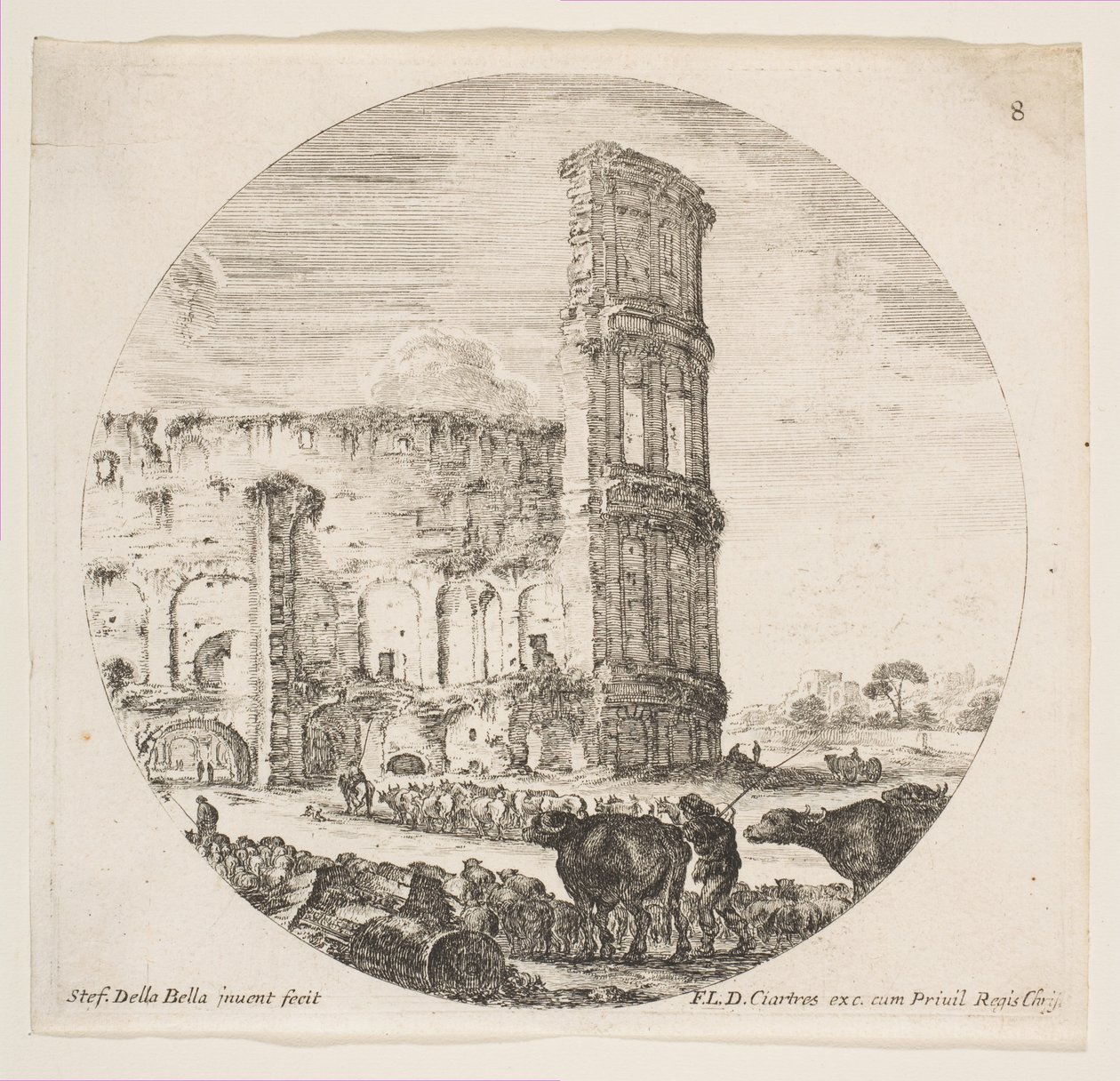 Deska 8: Koloseum, dvě stáda směřující k amfiteátru v popředí..., ca. 1646. od Stefano della Bella