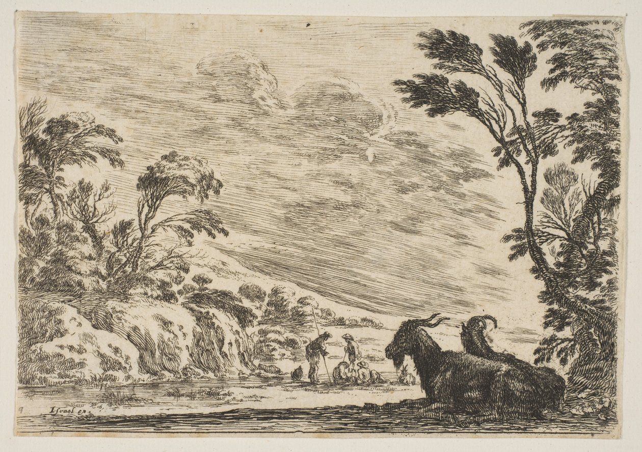 Deska 9: Dva kozy odpočívající vpravo, otočené doleva, čtyři muži a kůň v ři..., 1642. od Stefano della Bella