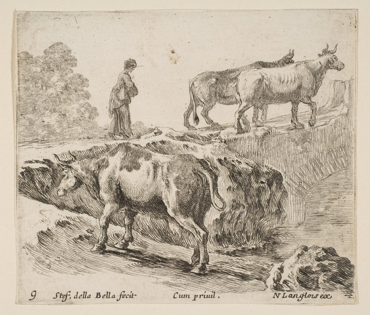 Talíř 9: kráva stoupající po břehu, selka vedoucí dvě krávy přes most i..., ca. 1644-47. od Stefano della Bella