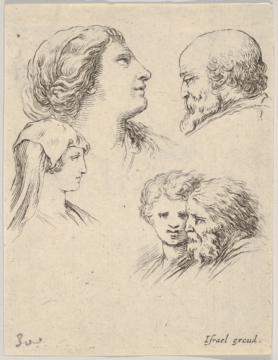 Talíř 9: pět hlav, dvě mladé ženy vlevo, vousatý muž vpravo nahoře, mladá žena..., ca. 1649. od Stefano della Bella