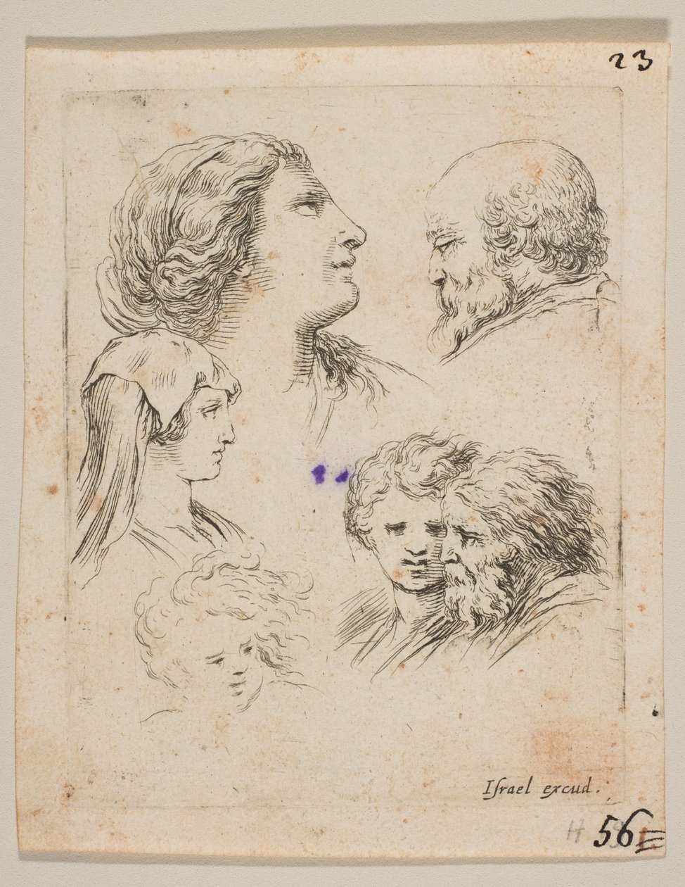 Talíř 9: pět hlav, dvě mladé ženy vlevo, vousatý muž vpravo nahoře, mladá žena..., ca. 1649. od Stefano della Bella