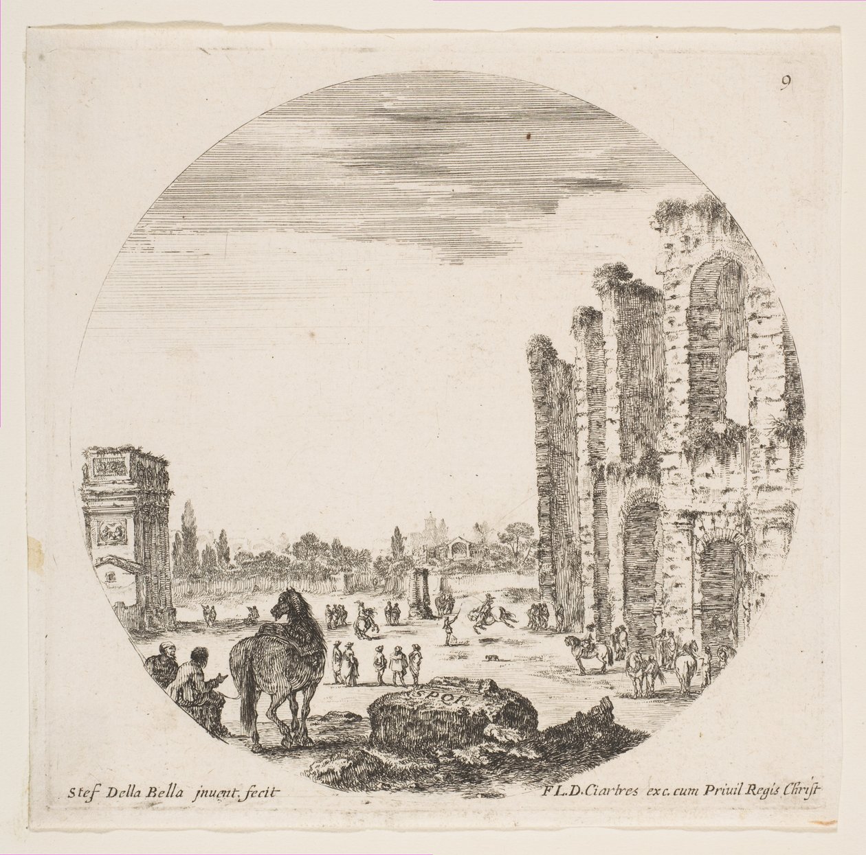 Deska 9: Konstantinův oblouk vlevo, část Kolosea vpravo, různé hor..., ca. 1646. od Stefano della Bella