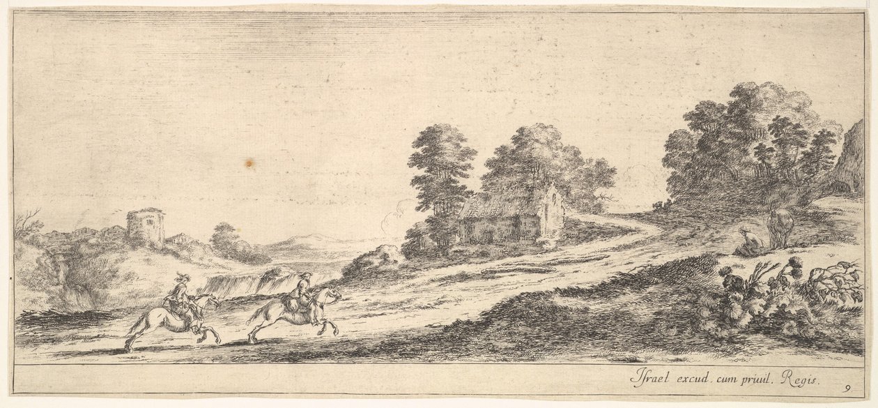 Talíř 9: dva jezdci vlevo cválající do kopce vpravo, kůň a sedící m..., ca. 1641. od Stefano della Bella