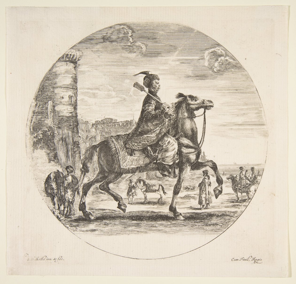 Polský jezdec z profilu vpravo, věž a další postavy na koních v pozadí..., ca. 1651. od Stefano della Bella