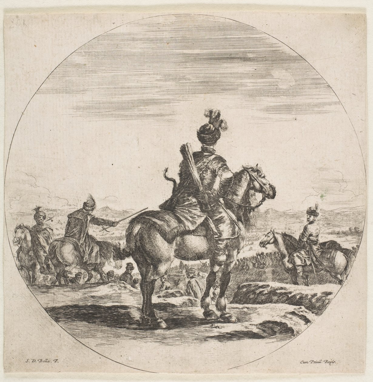 Polský jezdec s lukem a šípem, při pohledu zezadu s koněm obráceným vpravo, ..., ca. 1651. od Stefano della Bella