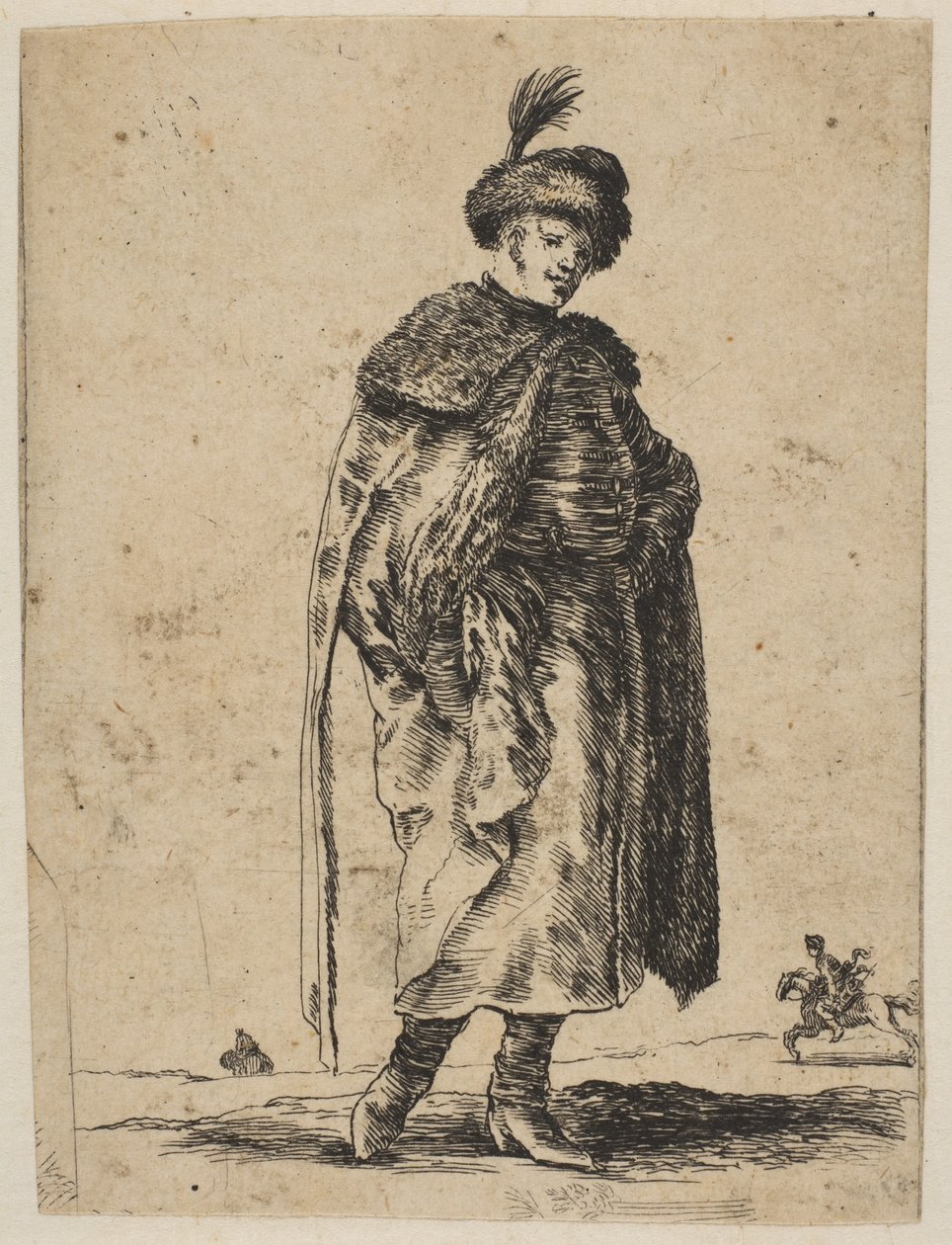 Polský muž s knírkem v kožichu a klobouku s pérem, ca. 1648. od Stefano della Bella