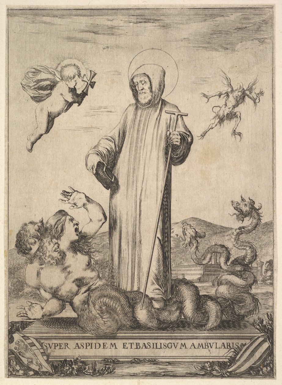 Svatý Jean Gualbert pošlapává příšeru se dvěma lidskými hlavami a hadím tělem, mouchu..., 1640. od Stefano della Bella