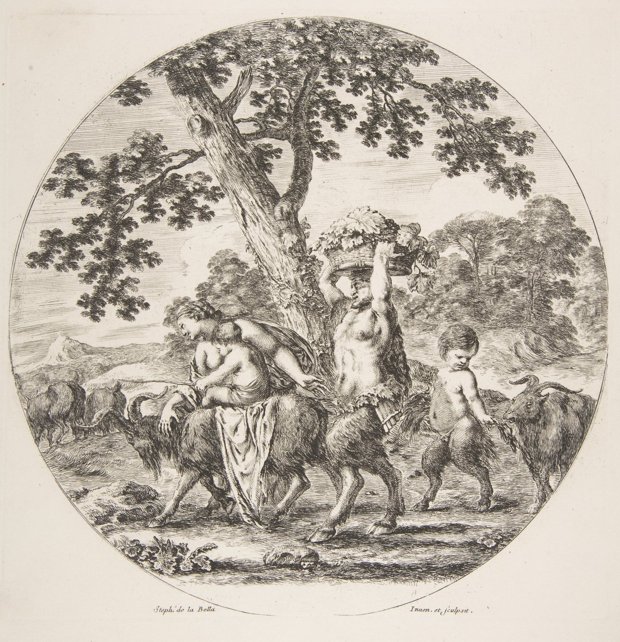 Satyrská rodina kráčející vlevo se dvěma kozami a košem hroznů, ca. 1657. od Stefano della Bella